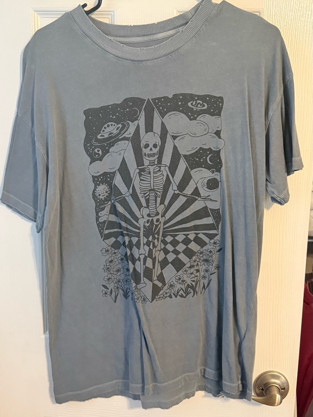 American Eagle Outfitters Dusty Blue Skeleton Surf Graphic Tee